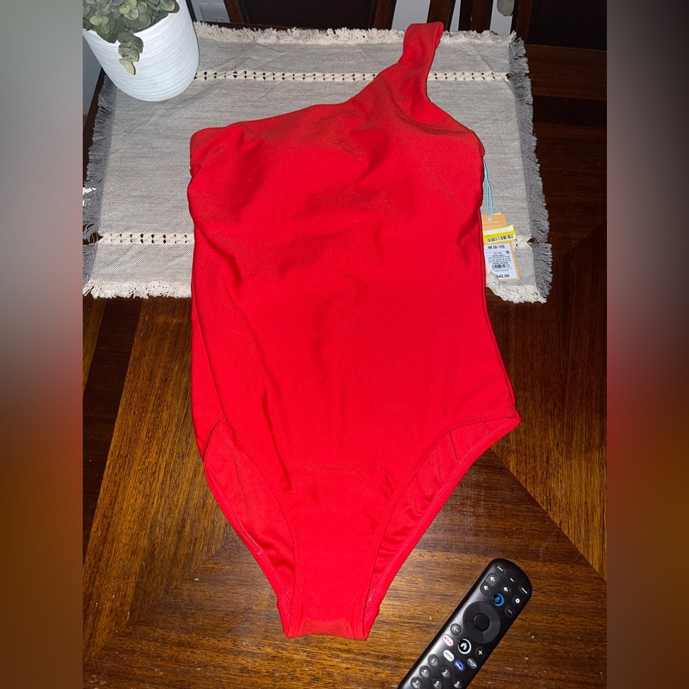 Red One Shoulder Swimsuit Womens Medium New With Tags One Piece Bathing Suit
